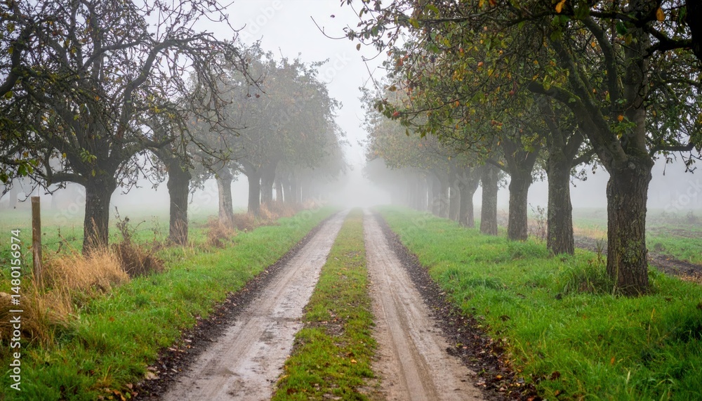 Misty Country Road Surrounded by Trees in Early Morning Light Misty Country Road Surrounded by Trees in Early Morning Light