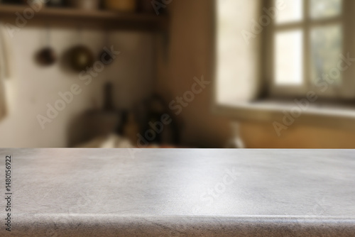 Empty wooden kitchen counter mockup, product display background. Wood table top on marble, blurred interior. Modern style home kitchen, restaurant advertising. Copy space