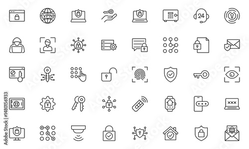 Security line icons set. Guard, cyber security, password, smart home, safety, data protection, key, shield, lock, unlock, eye access. Vector illustration.