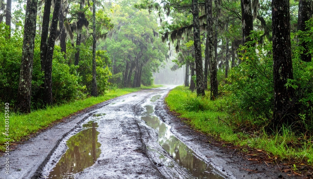 Fototapeta premium Serene Misty Pathway Through Lush Green Forest Landscape