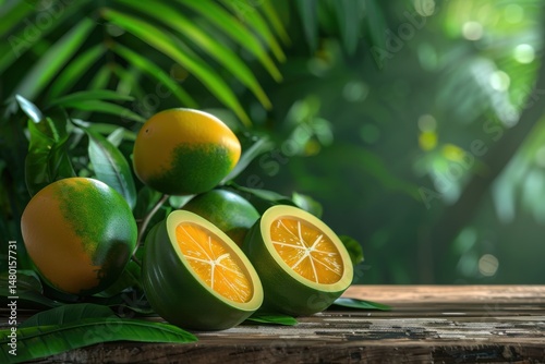 Fresh kedondong fruits, green and yellow skin with smooth texture, placed on a wooden table