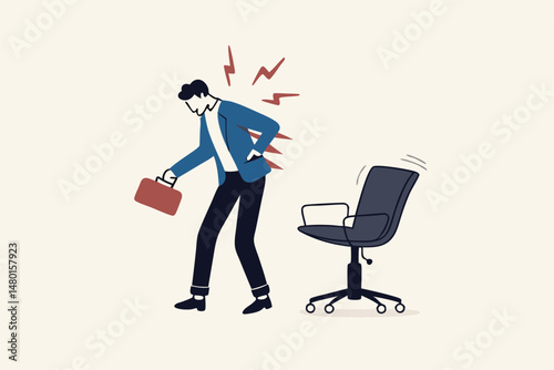 Office syndrome back pain, sitting and work too long causing back ache or inflammation of neck, shoulder and back muscles concept, painful office worker holding his back pain with office chair.