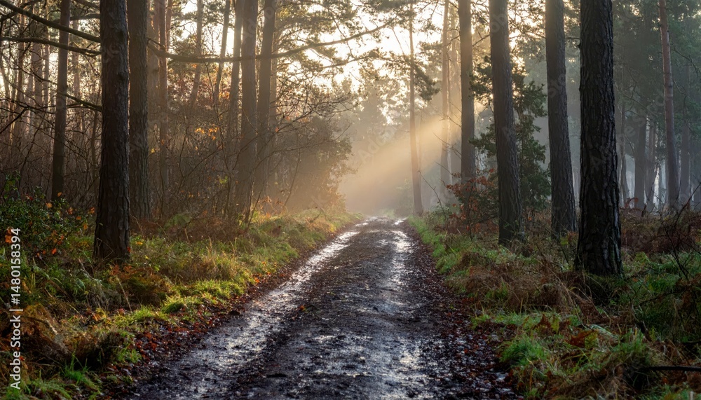 Obraz premium Serene Foggy Forest Path with Soft Light Breaking Through Trees
