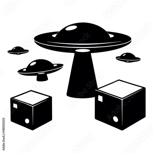 UFO Spaceships with Floating Boxes, Vector Illustration of Alien Encounter