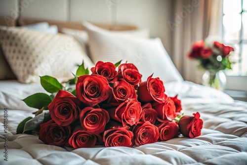 Romantic Red Roses on Bed - Candid Stock Photo