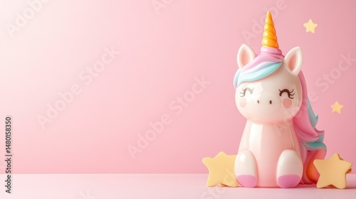 Cute pastel unicorn figurine with colorful horn and charming expression against a soft pink background