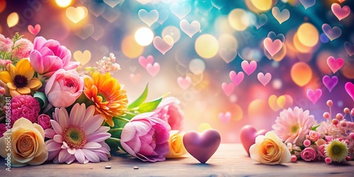 Romantic Valentine's Day Background: Bokeh Flowers & Hearts