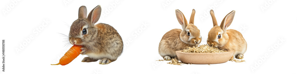 Fototapeta premium Collection of cute rabbits eating carrot and hay, transparent background.