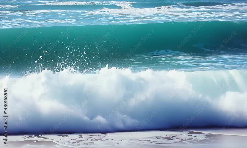Ocean Wave with White Foamy Crests Splashing Under Bright Sunlight Against a Blue Water Background