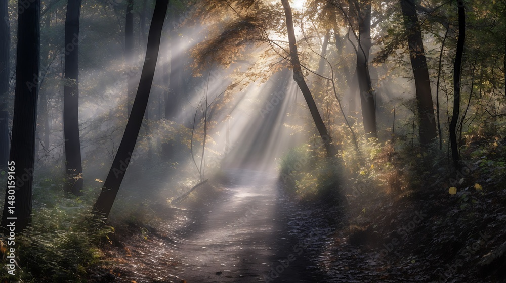 Obraz premium Sunbeams Forest Path Autumn Mist. (1)