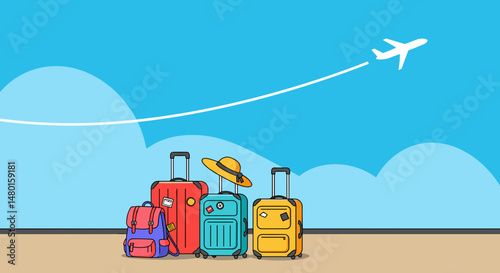 Colorful travel luggage with hat beneath airplane in blue sky, copy space for text,   for travel agencies, airlines, travel sites, and booking tickets, hotels, and travel packages