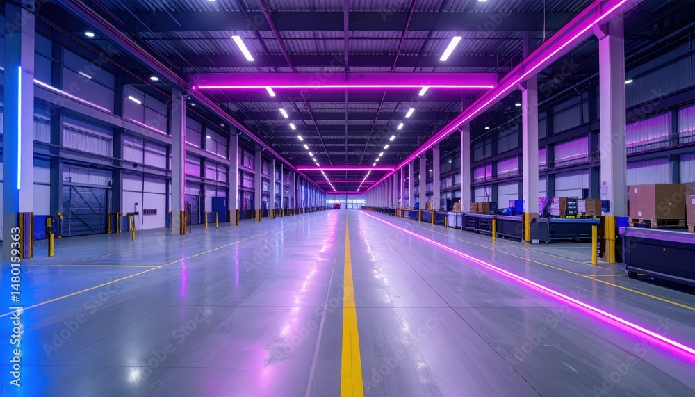 Fototapeta premium Modern Industrial Warehouse Interior with Neon Light Design