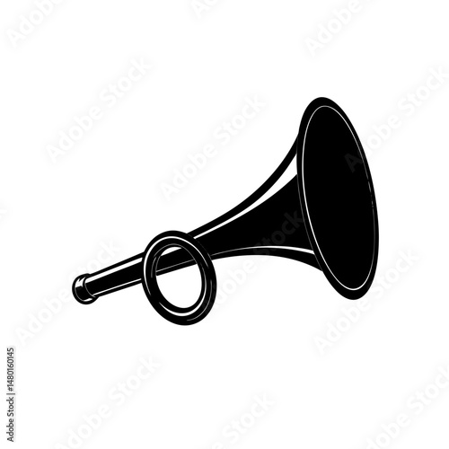 brass bugle with dented bell on white background   