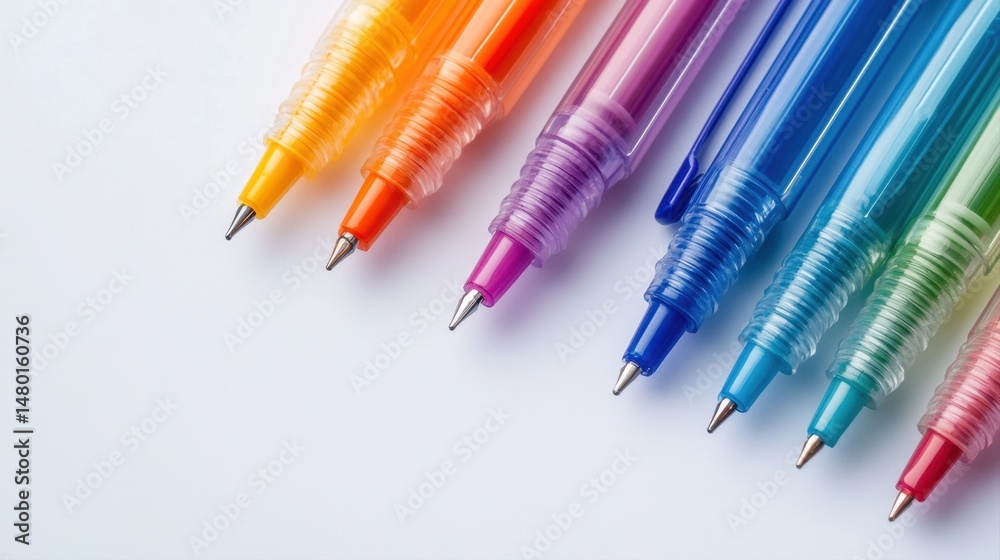 Vibrant Colorful Pens Lined Up in a Row on a Clean White Background for Creative and Artistic Projects Vibrant Colorful Pens Lined Up in a Row on a Clean White Background for Creative and Artistic Projects
