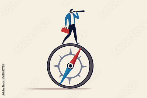 Business direction with leadership visionary, business goal and achievement or looking for solution and discovery concept, smart businessman leader using telescope look for the way forward strategy.
