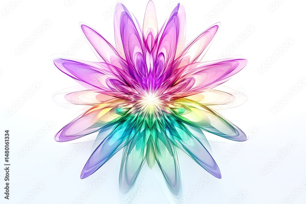 Obraz premium Vibrant abstract floral design with multi-colored translucent petals overlapping on a clean white background