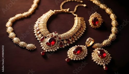 Royal Grand Gold Jewelry Set with Red Gemstones and Pearls on Dark Brown Background – Traditional Indian Bridal Necklace, Earrings, Bangles and Ring Display