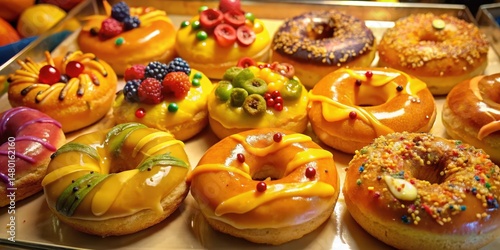 A plate of freshly baked donuts with various toppings, including berries, sprinkles, and nuts, ready to satisfy any sweet tooth.