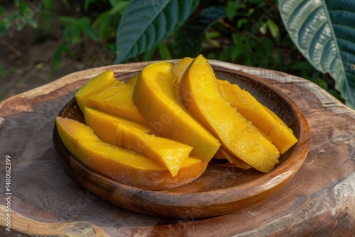 Fresh ripe mango slices, golden yellow flesh, juicy and glossy texture, placed on a wooden plate, tropical background with green leaves, bright natural lighting, vibrant and refreshing look 
