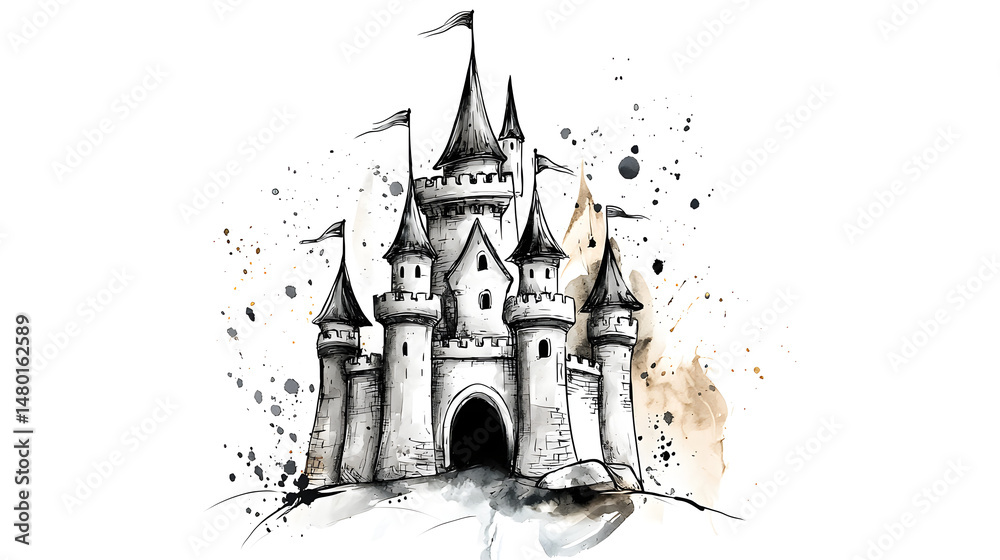 Obraz premium A castle with a large tower and a flag on top