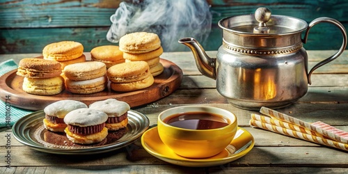 A Rustic Tabletop Still Life Featuring A Cup of Tea, Stacked Cookies, And A Metal Teapot