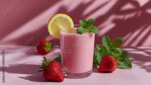 Wallpaper Mural Refreshing strawberry smoothie with lemon and mint on pink background Torontodigital.ca