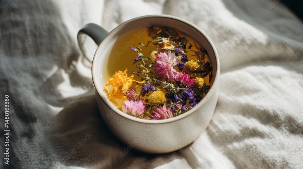 Fototapeta premium Close-up of a ceramic mug with herbal tea and dried flowers, creating a calming, natural vibe with a soft, diffused light on white linen fabric.
