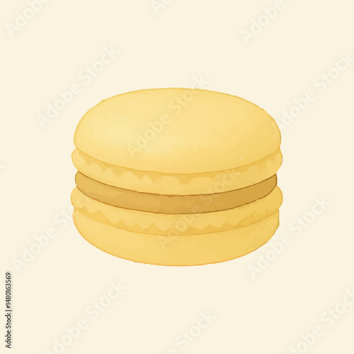 A smooth and creamy yellow macaron filled with a rich brown filling, offering a sweet and indulgent dessert experience with its delicate texture and elegant appearance