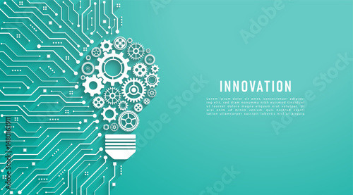 Concept of Innovation and Idea. Gears with a light bulb shape on a circuit board background. Creative Idea Solution. Innovation in the future. AI, big data, deep learning.Vector illustration.