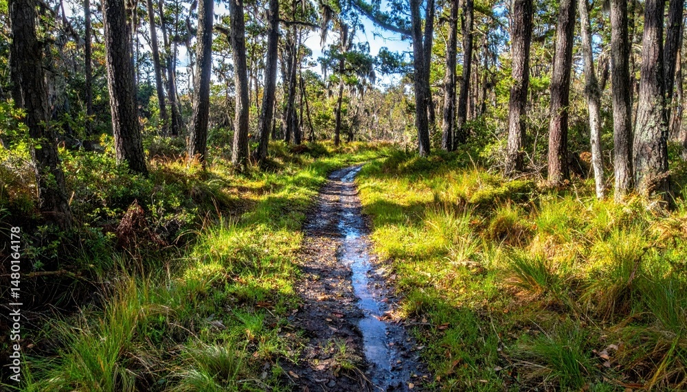 Fototapeta premium Serene Forest Pathway Surrounded by Lush Greenery and Trees