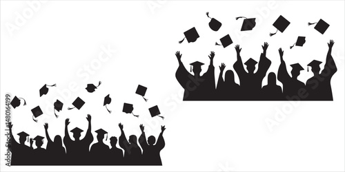 Graduated at university, college. Crowd of graduates in mantles, throws up the square academic caps, Graduating Class Silhouettes Throwing Caps in the Air