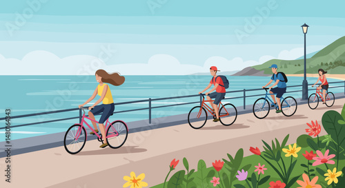 Group of people cycling along the waterfront on a sunny day  