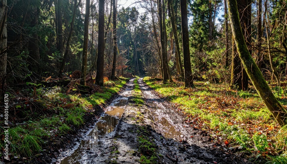 Fototapeta premium Muddy Path Through Lush Forest with Sunlight and Greenery