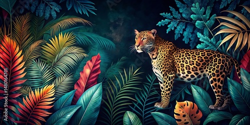 Silhouette Botanical Illustrations with Leopard Print Overlay - Elegant Nature Stock Photo