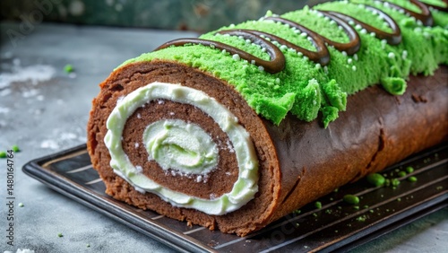 Chocolate Swiss Roll with Green Frosting and Chocolate Drizzle