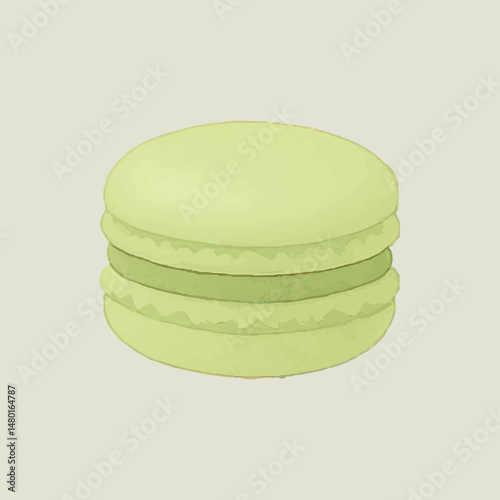 A delicious green macaron with a smooth, glossy exterior and a creamy filling in the center, offering a sweet and elegant treat perfect for any occasion