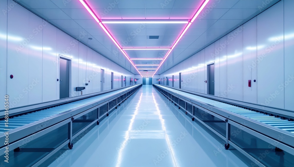 Futuristic Warehouse Interior with Neon Lighting and Conveyor Belts Futuristic Warehouse Interior with Neon Lighting and Conveyor Belts