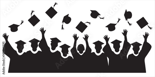 Graduated at university, college. Crowd of graduates in mantles, throws up the square academic caps, Graduating Class Silhouettes Throwing Caps in the Air