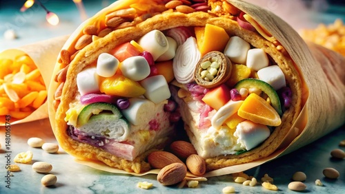 A Deliciously Decadent Sweet Treat A Rolled-Up Pastry Filled With Creamy Marshmallows, Sliced Fruits, and Crunchy Almonds