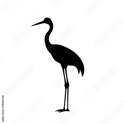 Minimalist black silhouette of an elegant crane standing on one leg