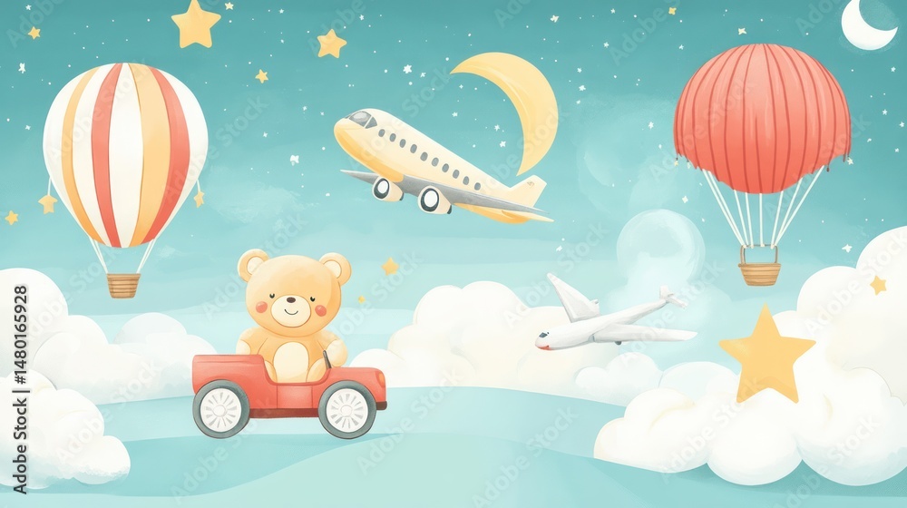 Naklejka premium Whimsical Journey: A Dreamscape of Balloons, Airplanes and a Traveling Teddy Bear