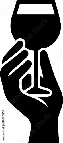 A simple vector graphic of a hand holding up a wine glass full of liquid