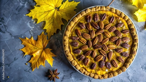 A golden pecan pie with a flaky crust, adorned with autumnal leaves and a hint of spice.