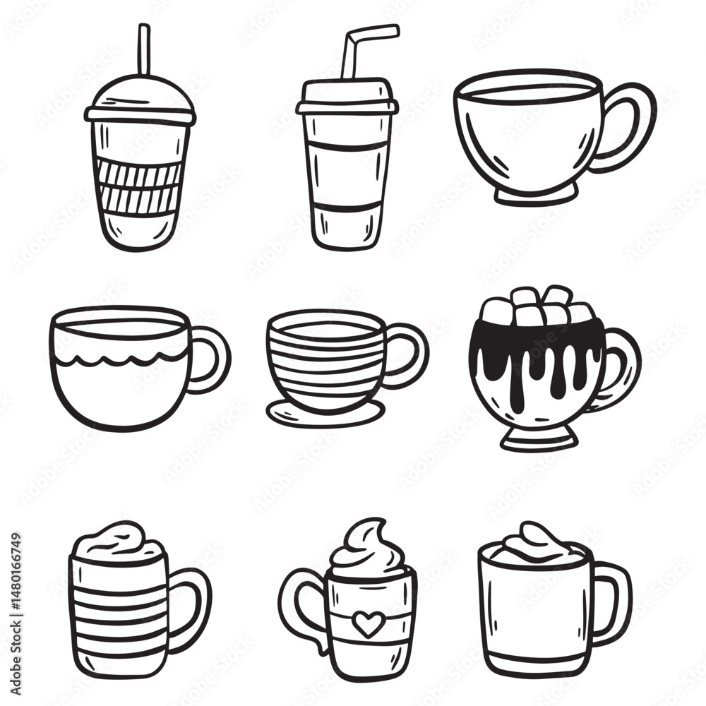 Fototapeta premium Set of Tea or coffee cup vector doodle hand drawn line illustration. In cute cartoon style for your projects