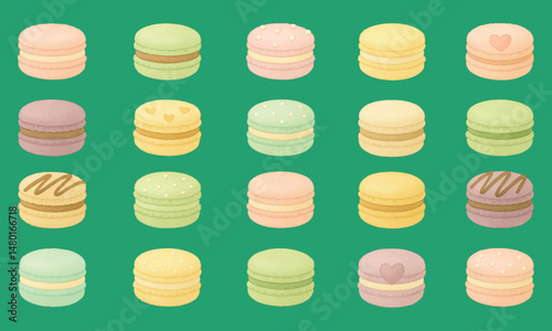 A charming illustration of 20 colorful macarons on a green background, featuring pastel shades of pink, yellow, green, and purple with heart and drizzle decorations, perfect for dessert-themed designs