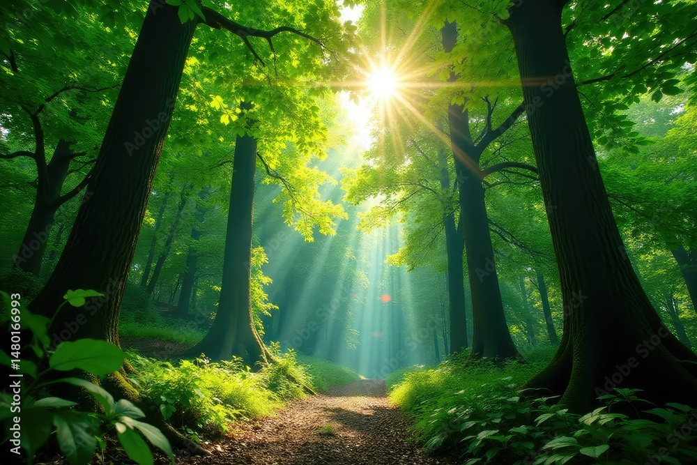 Obraz premium Lush green forest canopy, sunlight dappling through leaves , lush, pattern