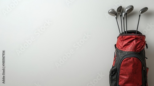Modern golf bag with clubs standing against a neutral background in a minimalistic interior setting