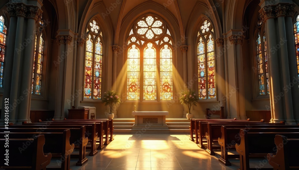 Obraz premium Serene church interior, sunlight streaming through stained-glass windows, highlighting the altar , building interior, light