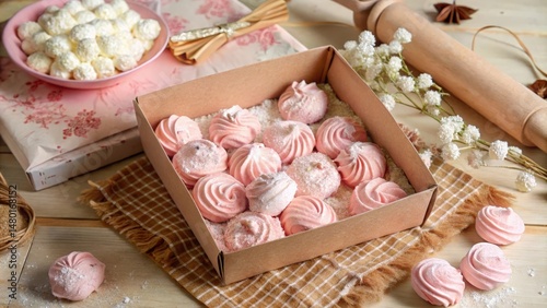 A box of delicate pink marshmallow swirls dusted with powdered sugar, surrounded by a rustic setting of brown checkered fabric, dried flowers, and a wooden rolling pin.