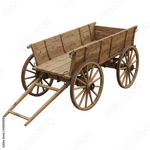 Wooden cart isolated on white background for decoration, transport, or historical projects
